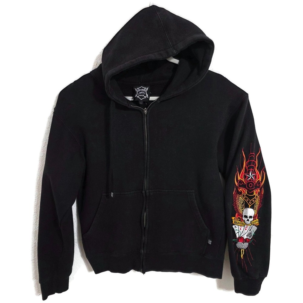 Hard Chrome Gear Mens Small Black Full Zip Skull Flame Biker Graphic Hoodie